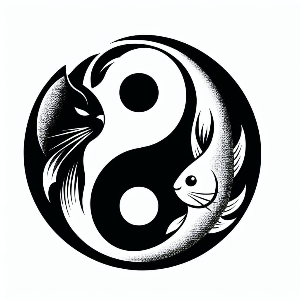 Yin-Yang Symbol Formed by Cat and Fish