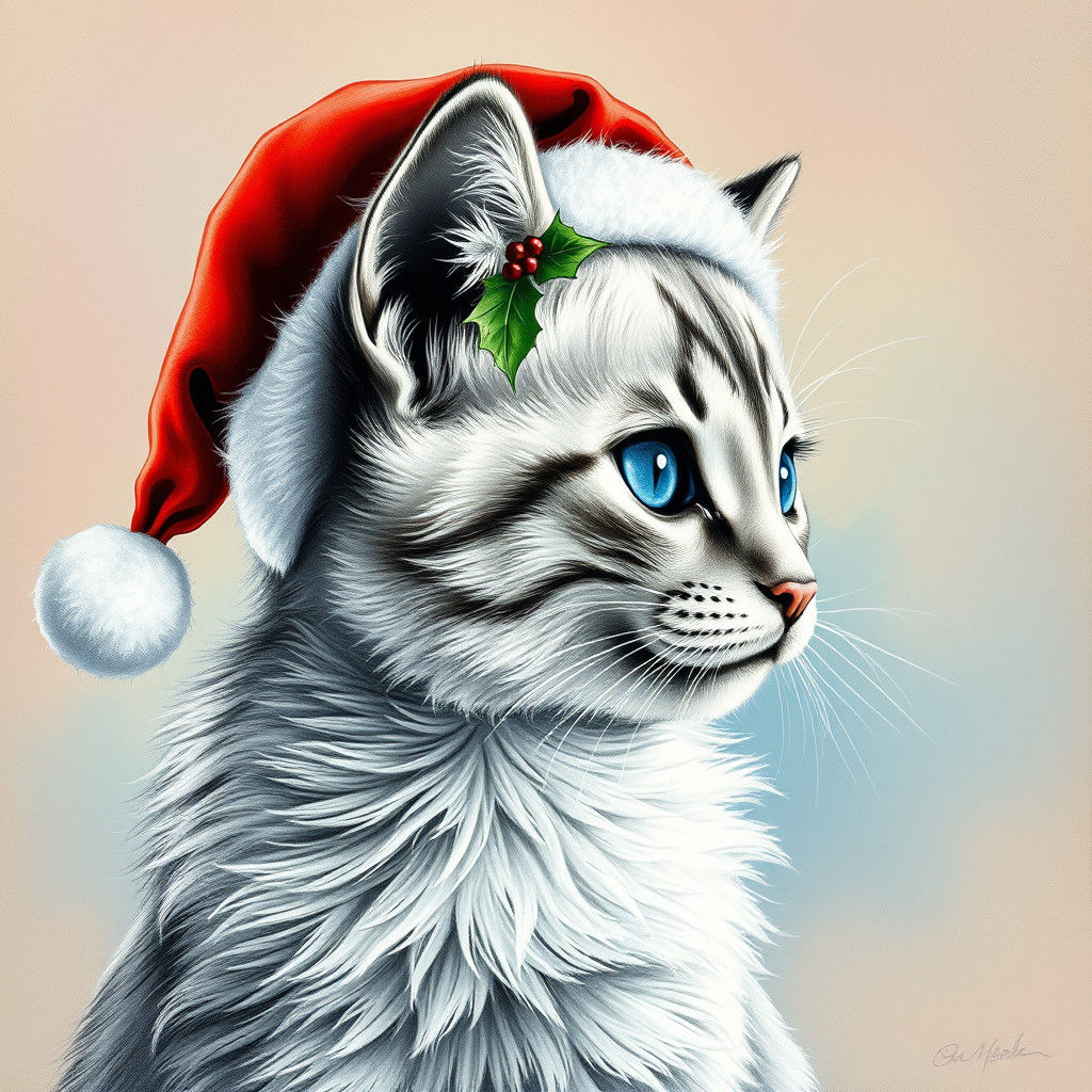 Cute Cat in Santa Hat, Charcoal Drawing