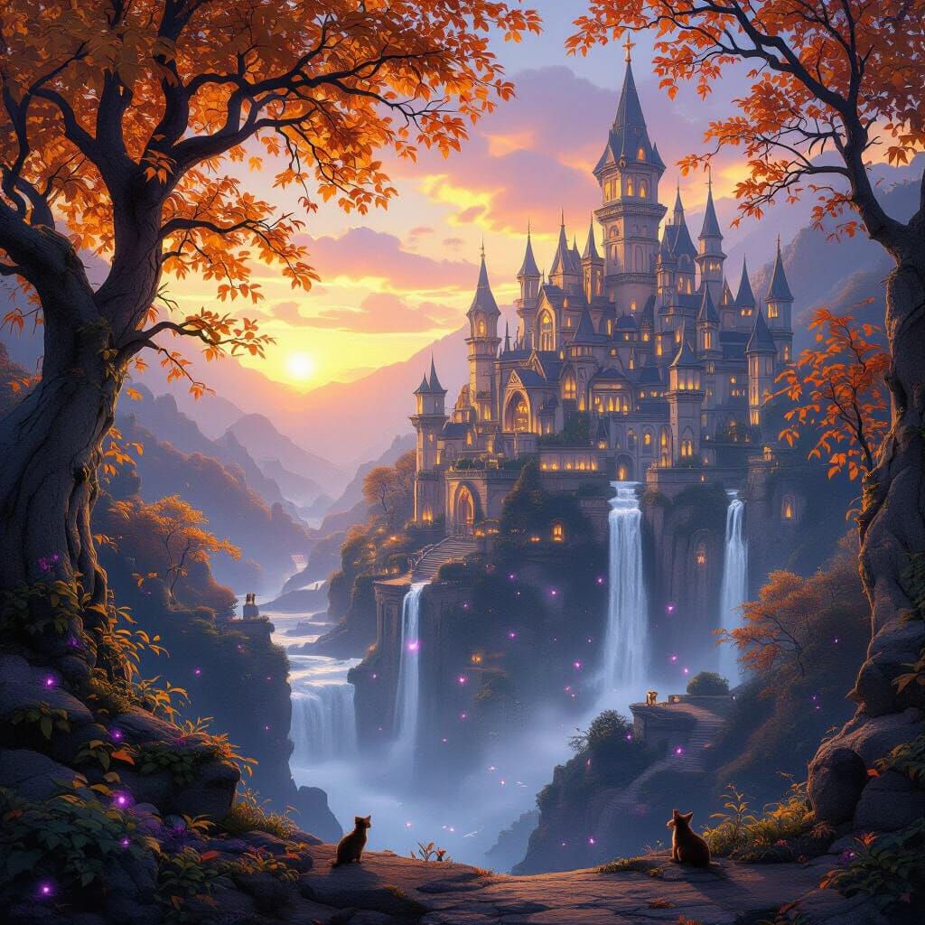 Abandoned Elven City at Sunset with Waterfalls and Golden Le...