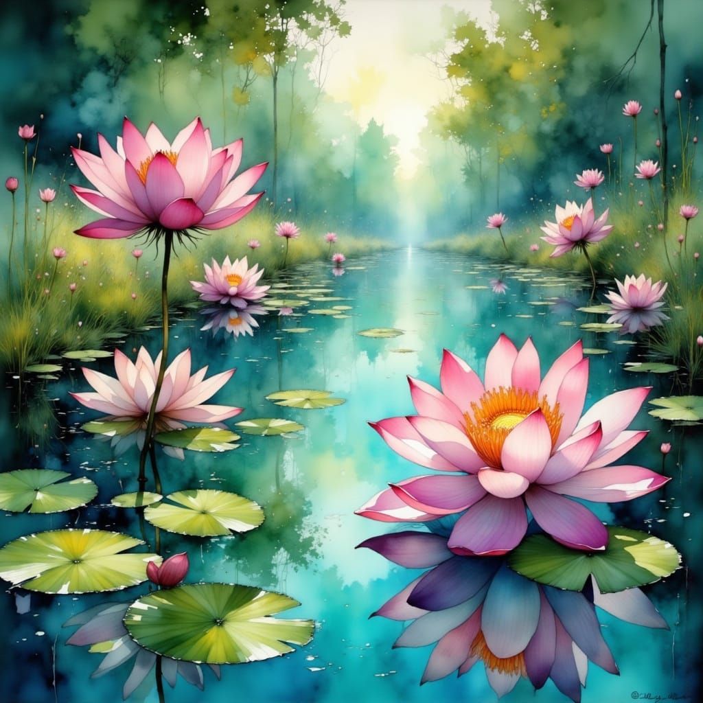 <lora:Flux - Painterly:1.0> "Large lotus flowers" floating around a big pond, vibrant colours of pink, white, purple and...