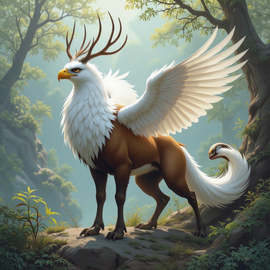 Hybrid Eagle-Deer-Snake Creature: Ethereal Digital Painting