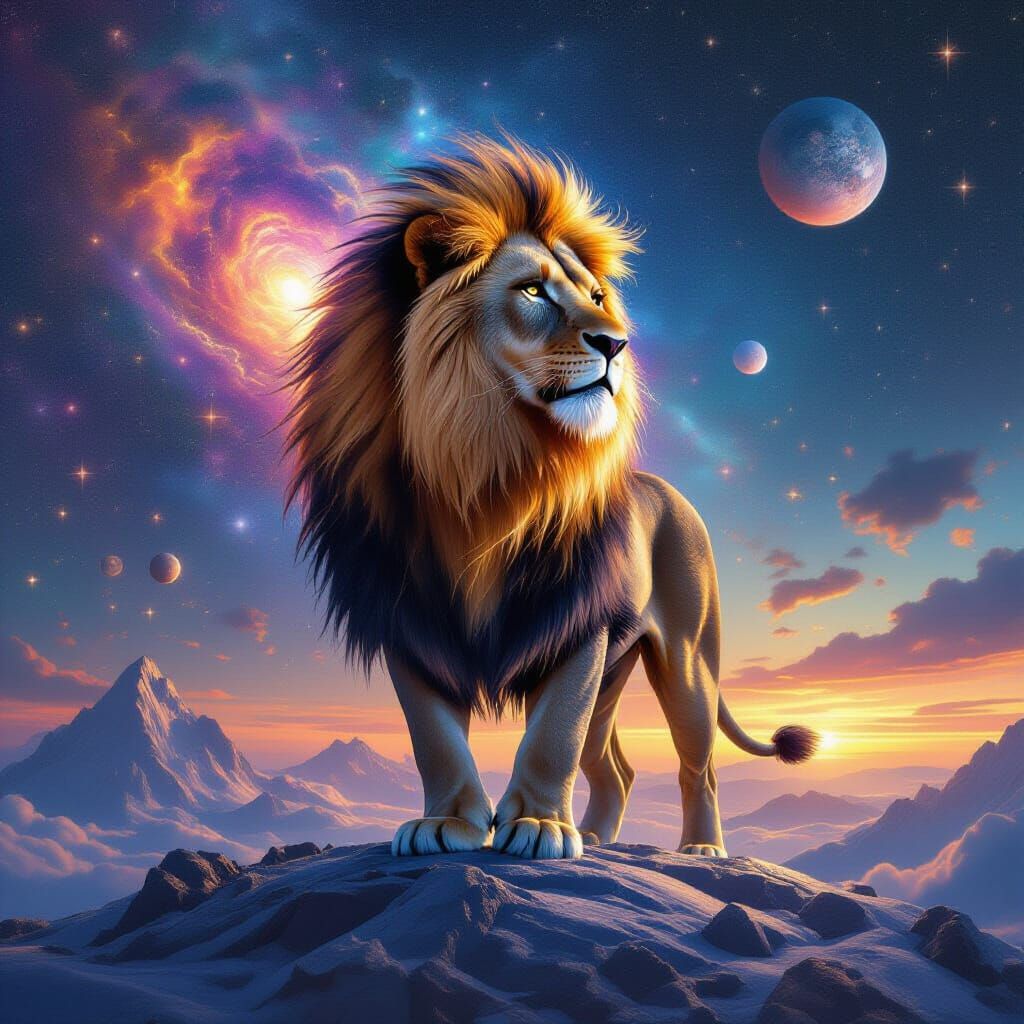 Galactic Lion on Crystal Planet in Space