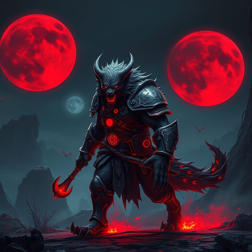 Mystical Demon Wolf Warrior Under Crimson Moons