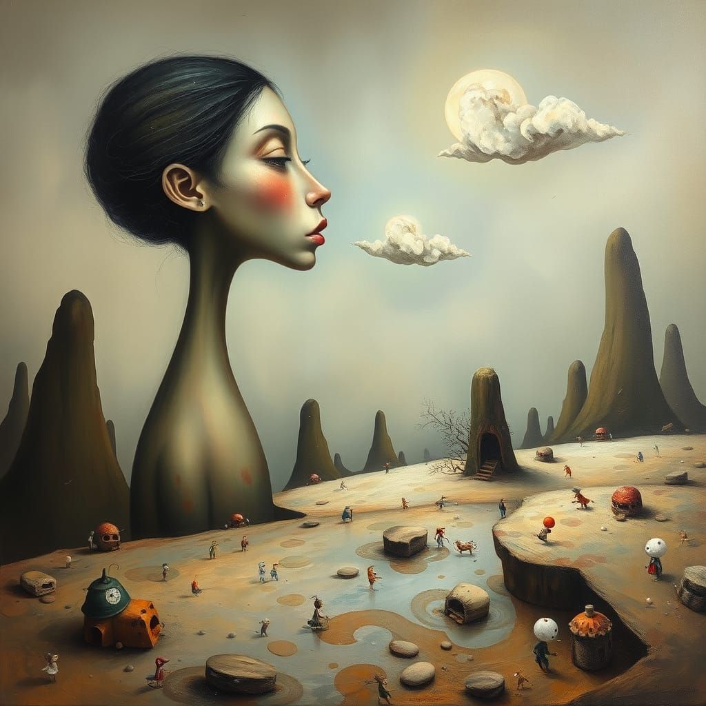 Surrealist Oil Painting of Colossal Female Form in Dreamscap...