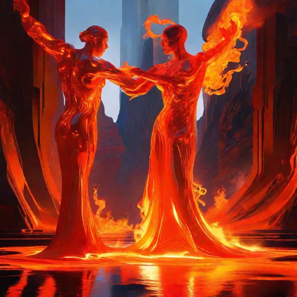 Fire Elementals Waltz in Fiery Syd Mead Landscape