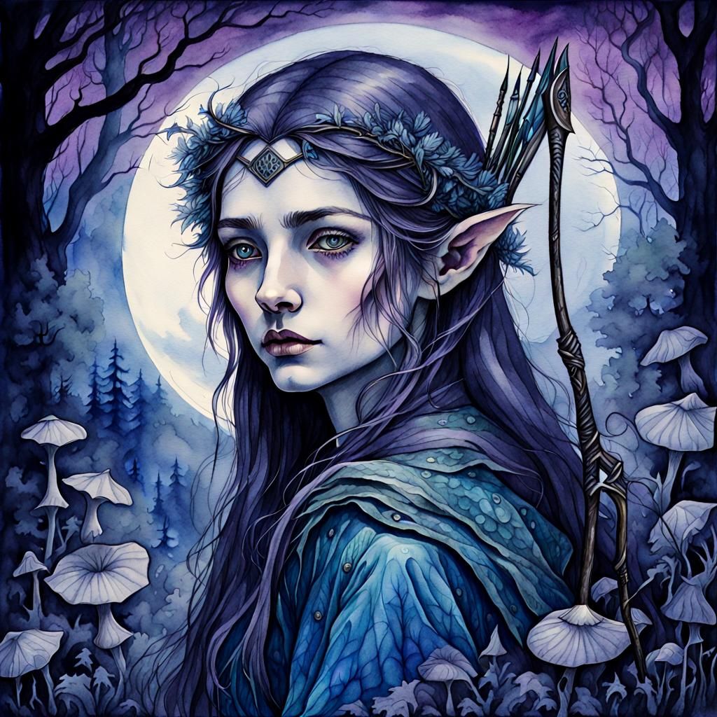 Elven Rogue Archer in Moonlit Forest, Watercolour Portrait
