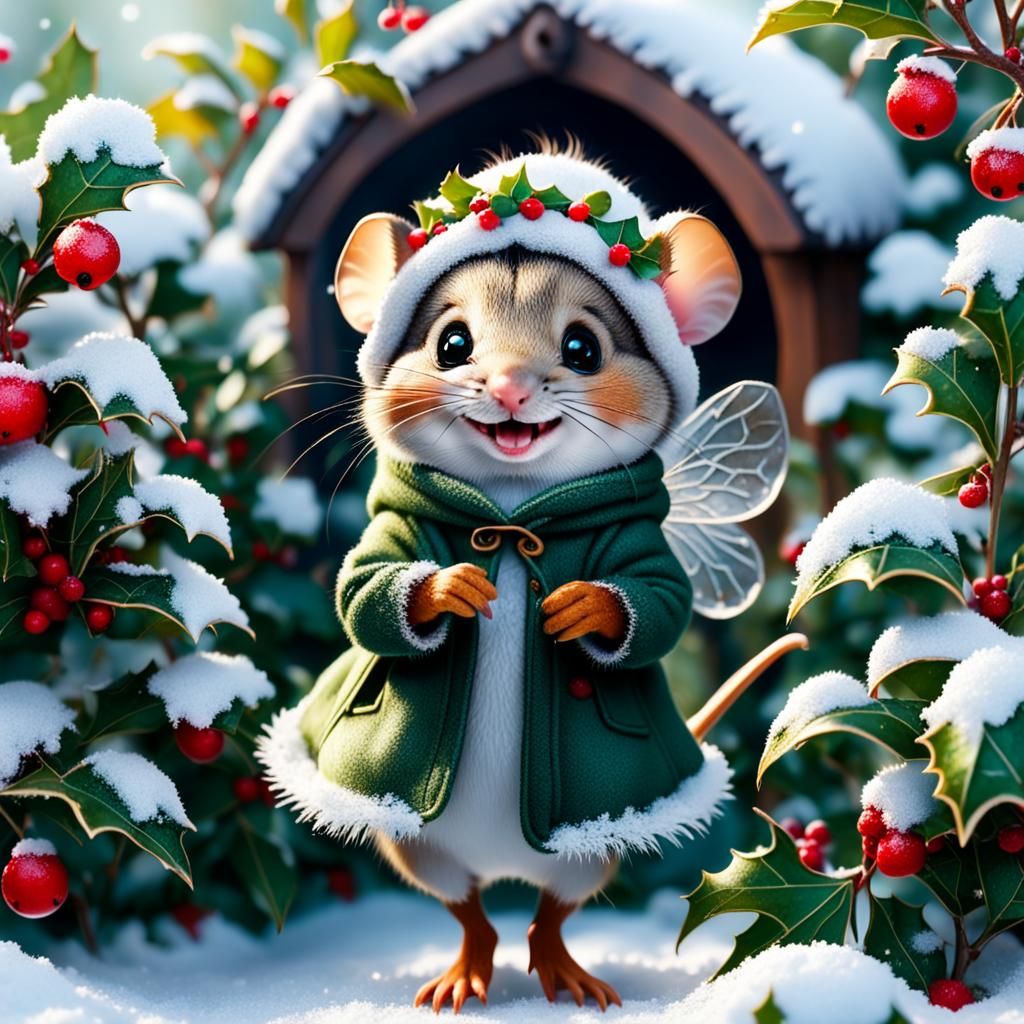Smiling Winter Fairy Mouse in Snowy Garden
