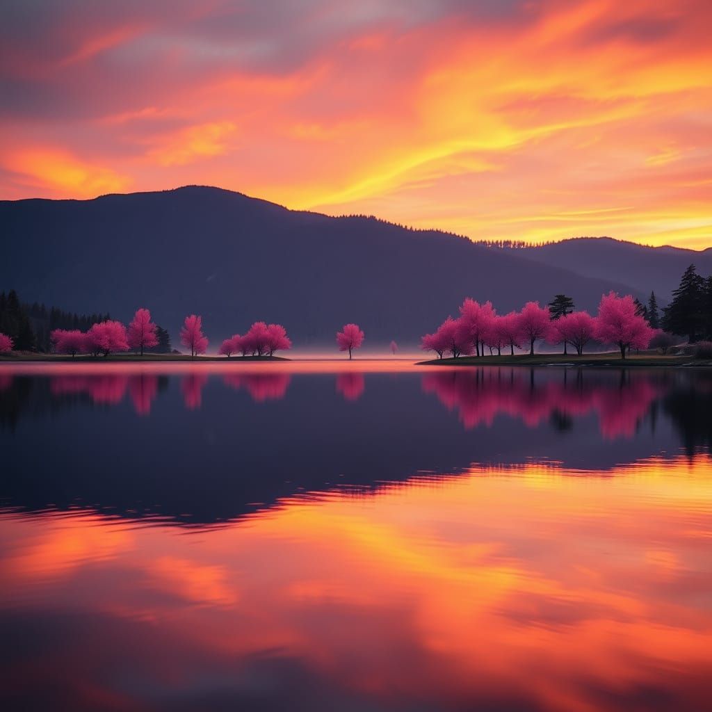 Ethereal Lake at Sunset in Cinematic Style