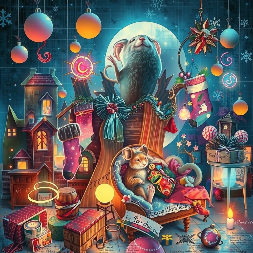 Whimsical Christmas Mouse in Mixed Media Art