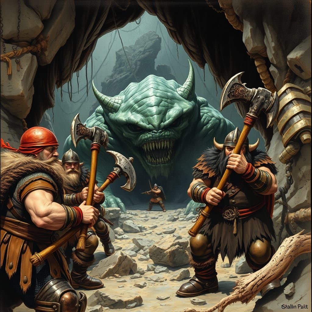 Dwarf Miners Defend Against Earth Beast in Dark Fantasy Styl...