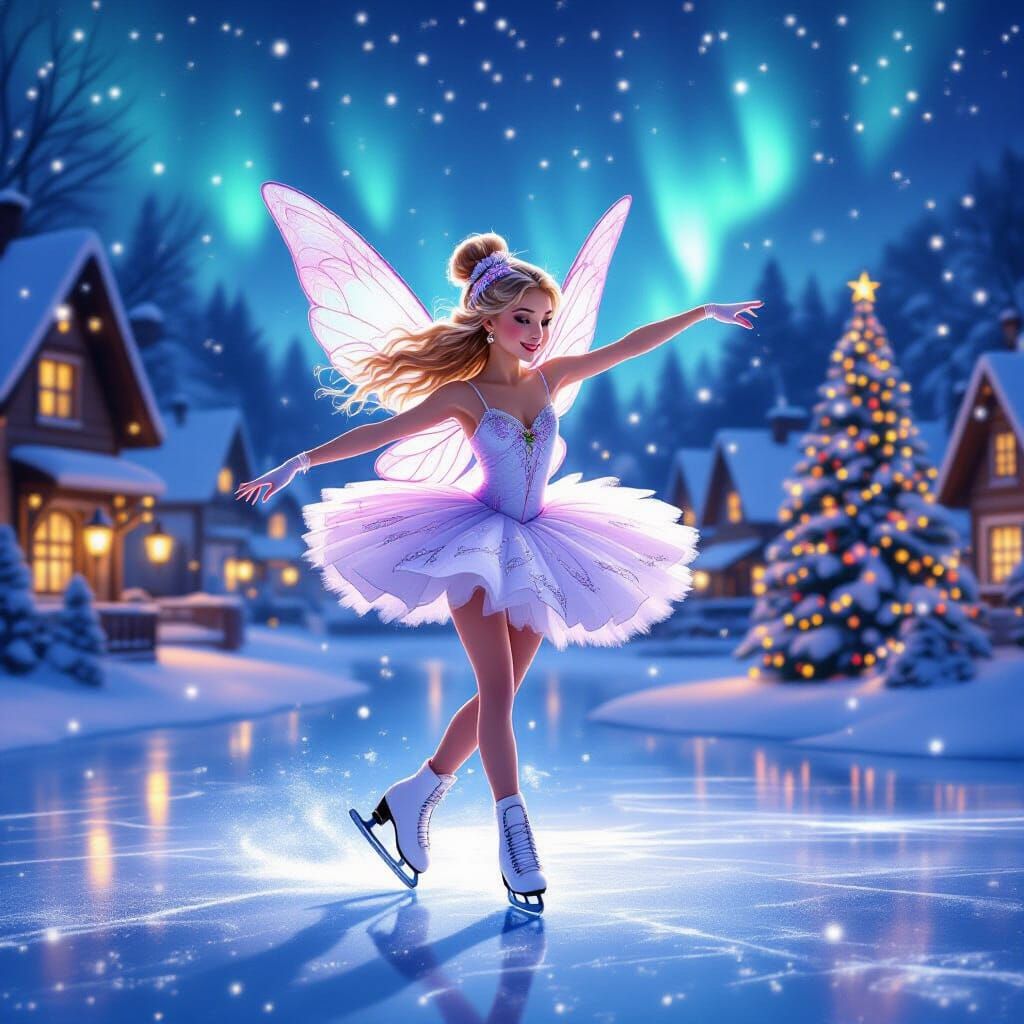 Sugar Plum Fairy Ice Skating in Magical Christmas Village