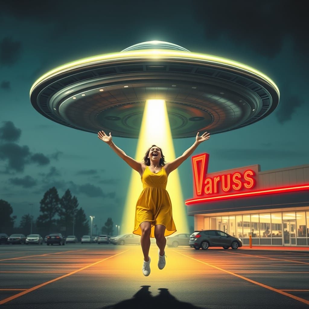 Retro Sci-Fi Alien Abduction in Suburban Parking Lot
