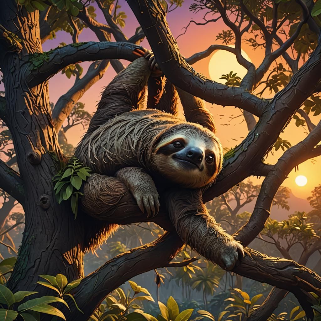 Sloth Nap at Sunset: Detailed Matte Painting