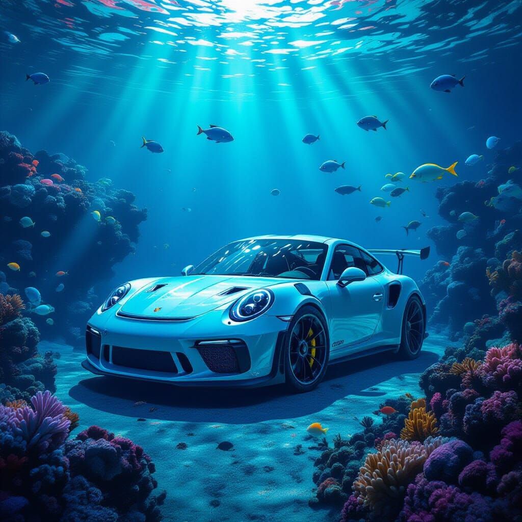 Underwater Porsche GT3 RS in Bioluminescent Scene