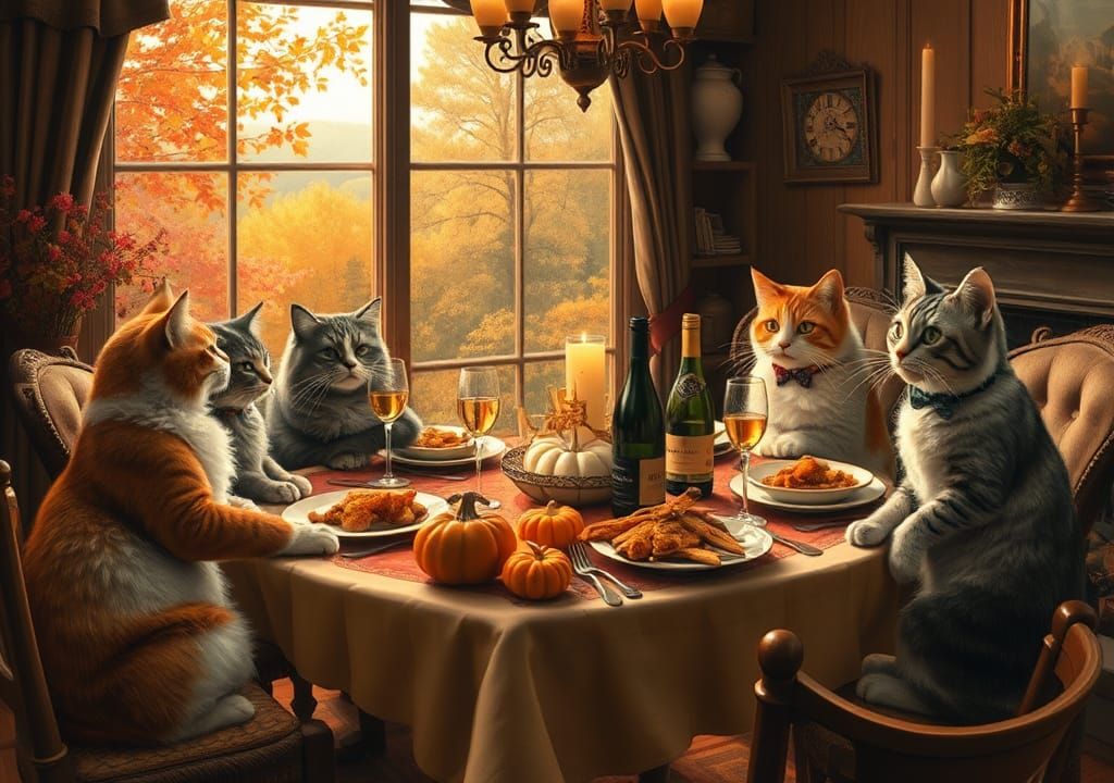 Cozy Autumn Feast with Cat Family as Renaissance Painting