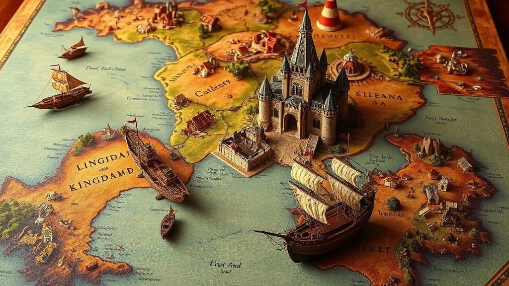 Steampunk Fairyland Map with Sailing Ships, Oil Painting