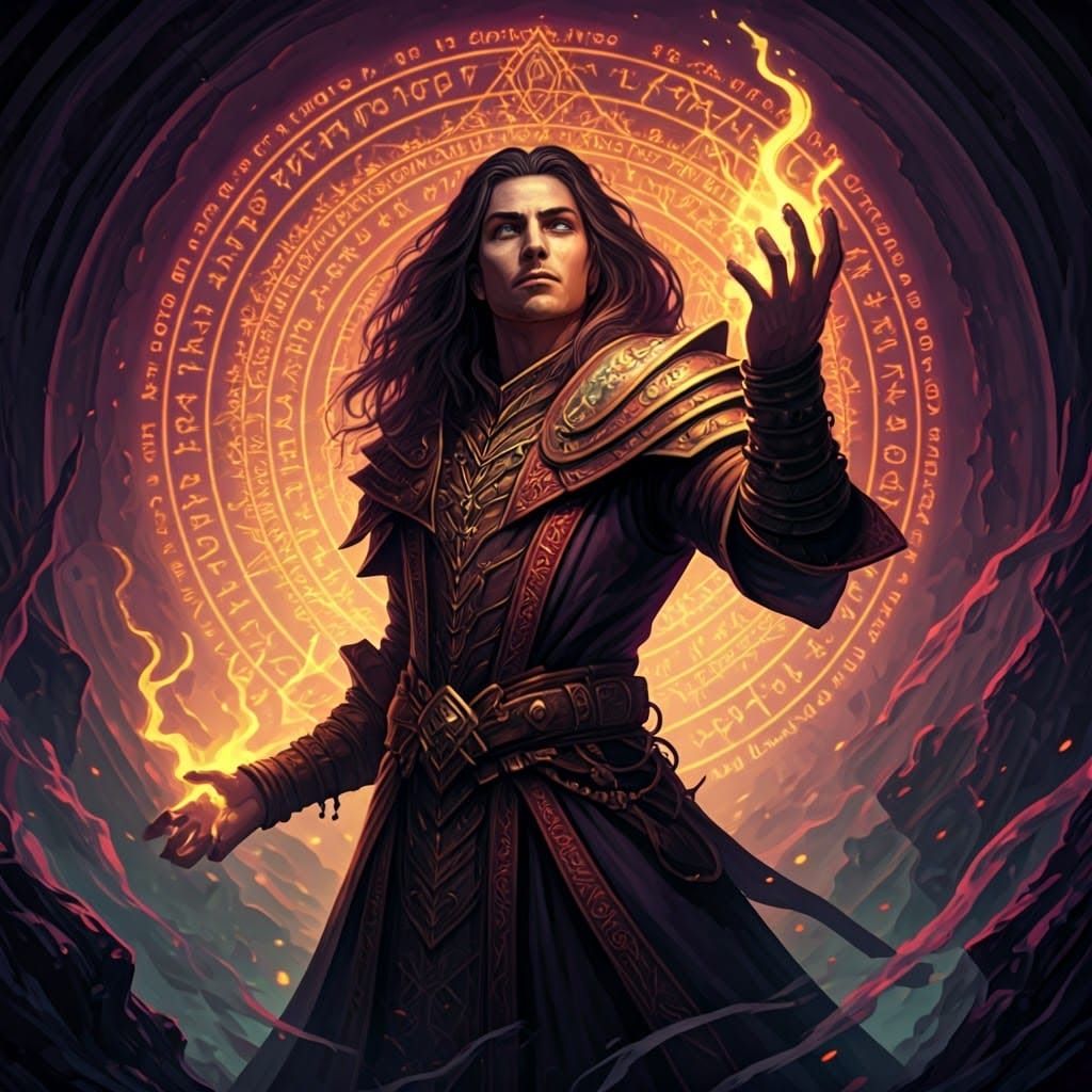 Warlock Casting Spell with Arcane Symbols