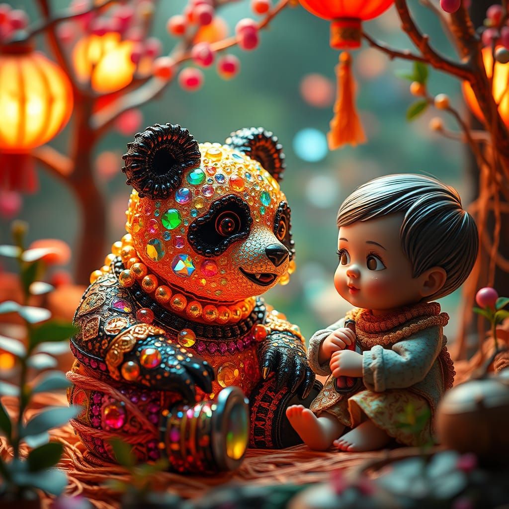 Ornate Panda Figurine Beside Child: Dreamlike Art
