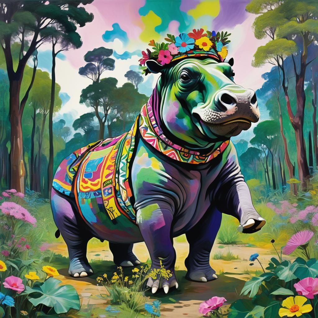 Psychedelic Hippopotamus Dances in Expressionist Forest