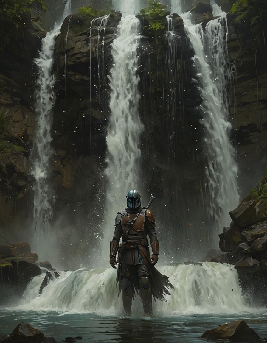 Mandalorian Warrior Battles Waterfall God in Rembrandt Light...