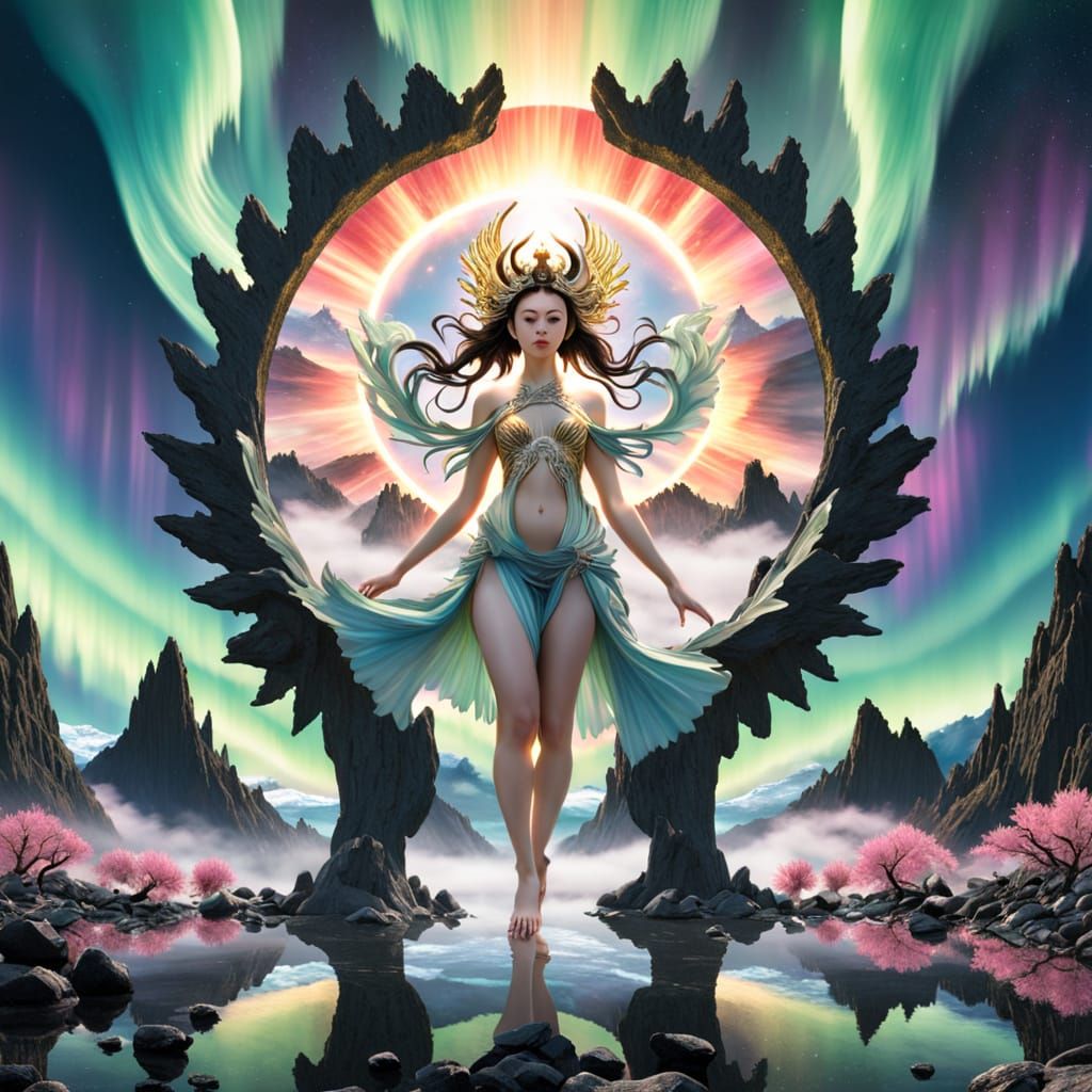 A colossal mirror between twisted basalt spires under a swir...