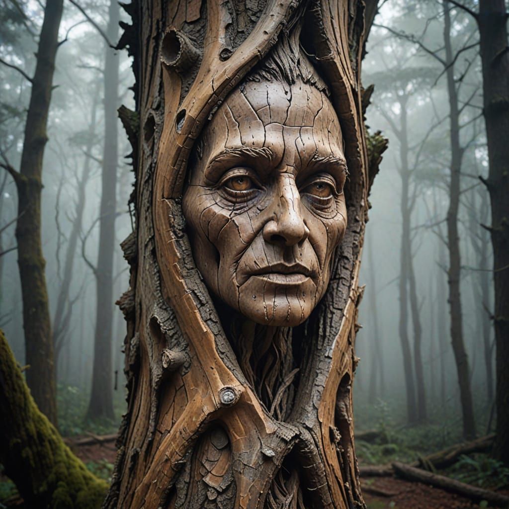 Dry Tree with Carved Facial Sculpture in Misty Forest