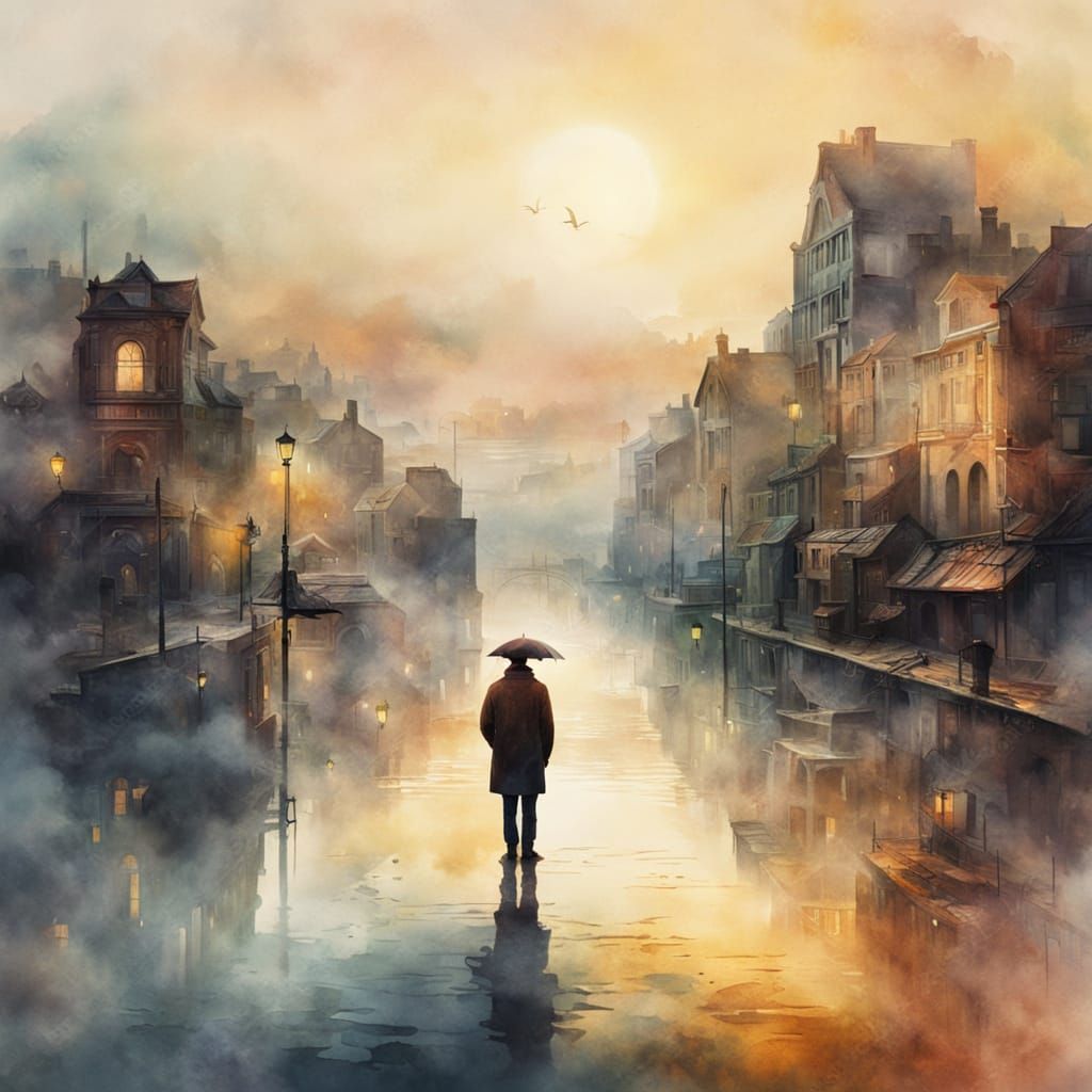 Surreal Cityscape in Dreamy Watercolor Style