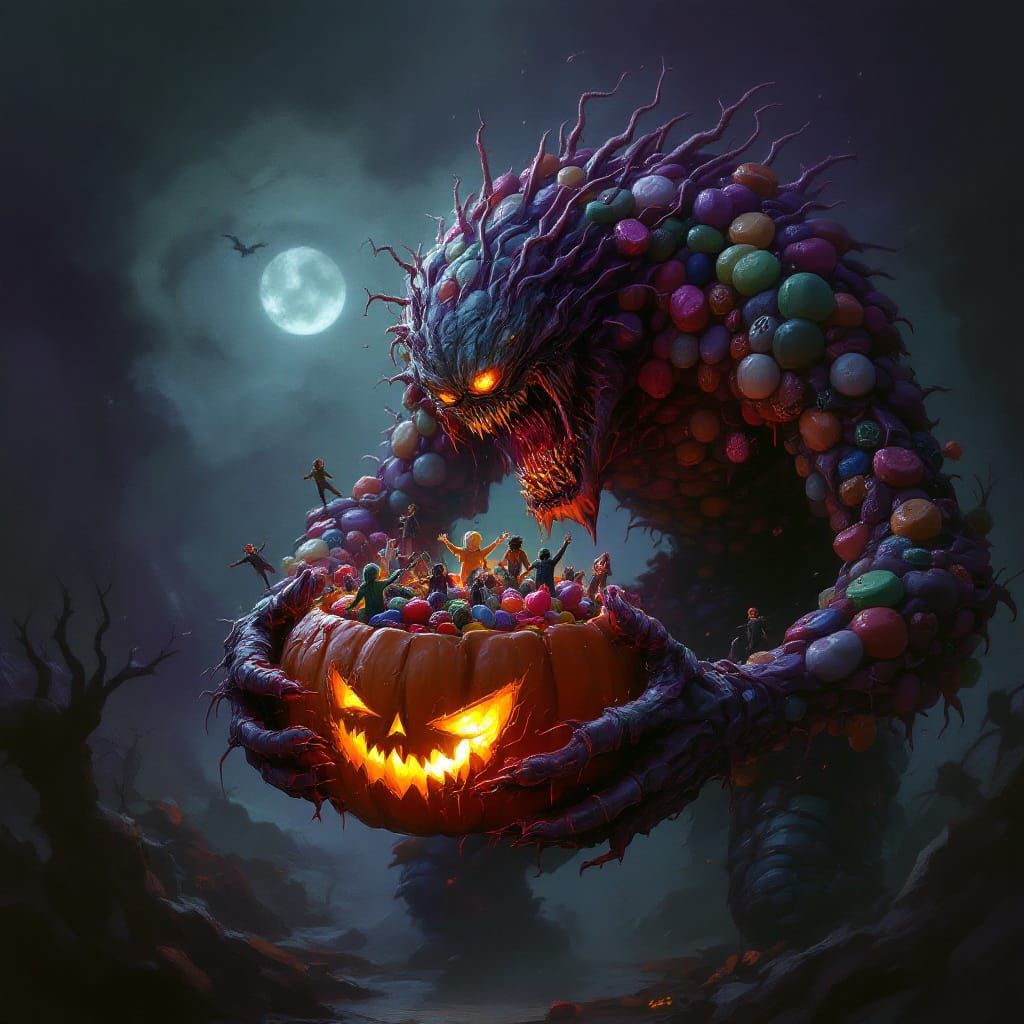 Grotesque Candy Monster with Human-Filled Pumpkin Bucket