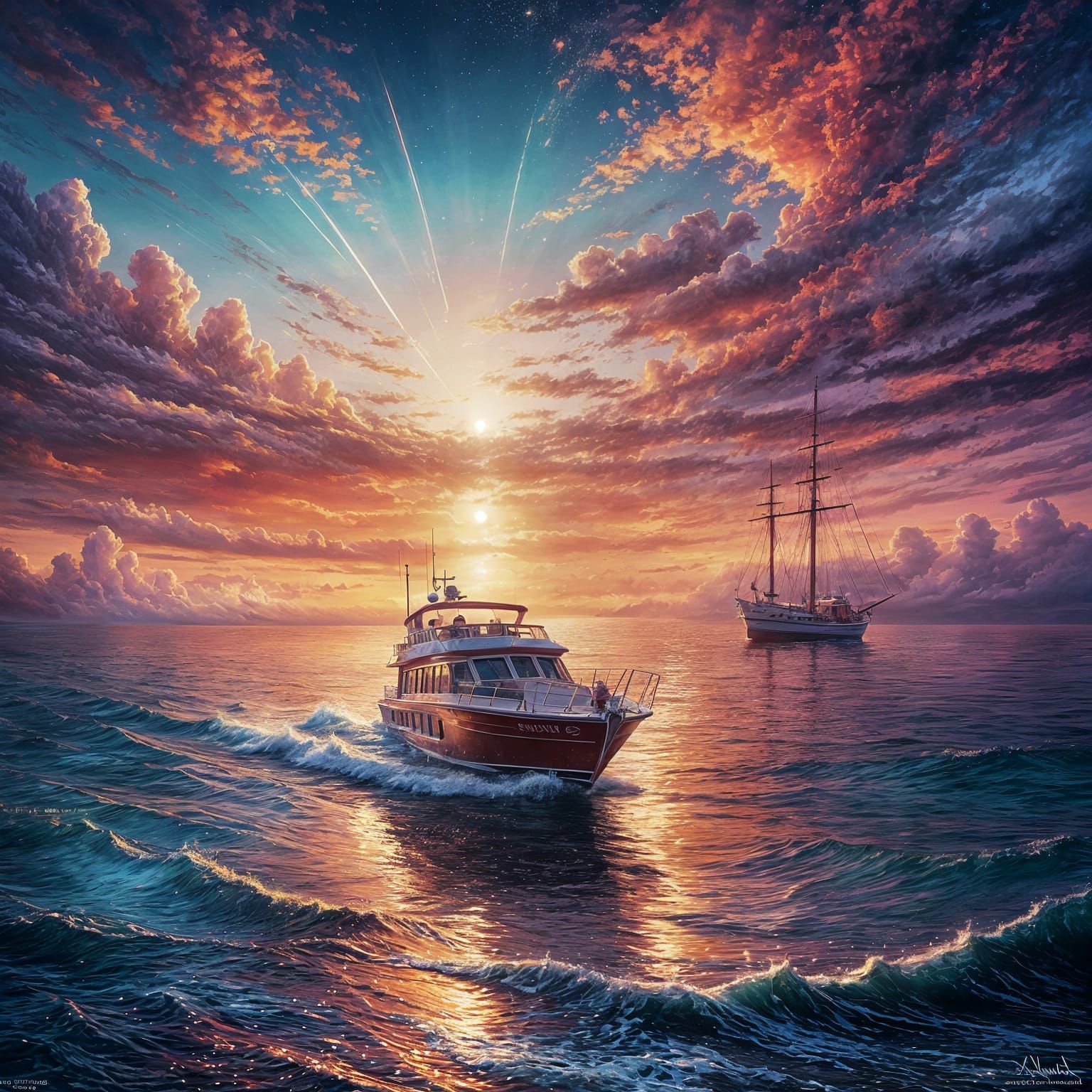 Vibrant Sunset Over Calm Ocean with Distant Boat