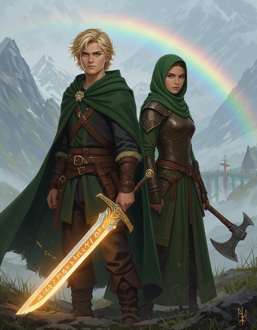 Heroic Teenage Duo in Norse Fantasy Landscape