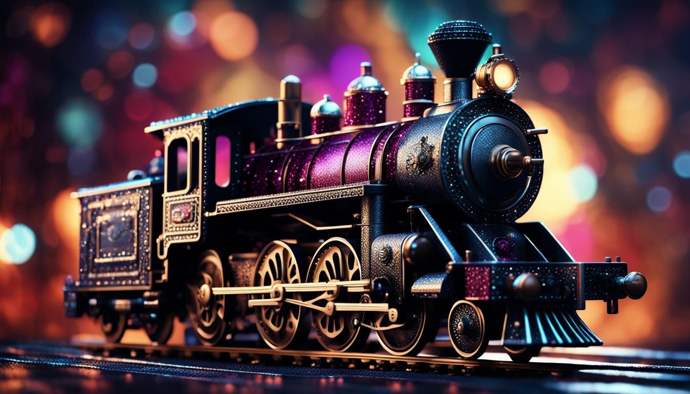 Black Locomotive Toy with Gears in Jewel Tone Scene