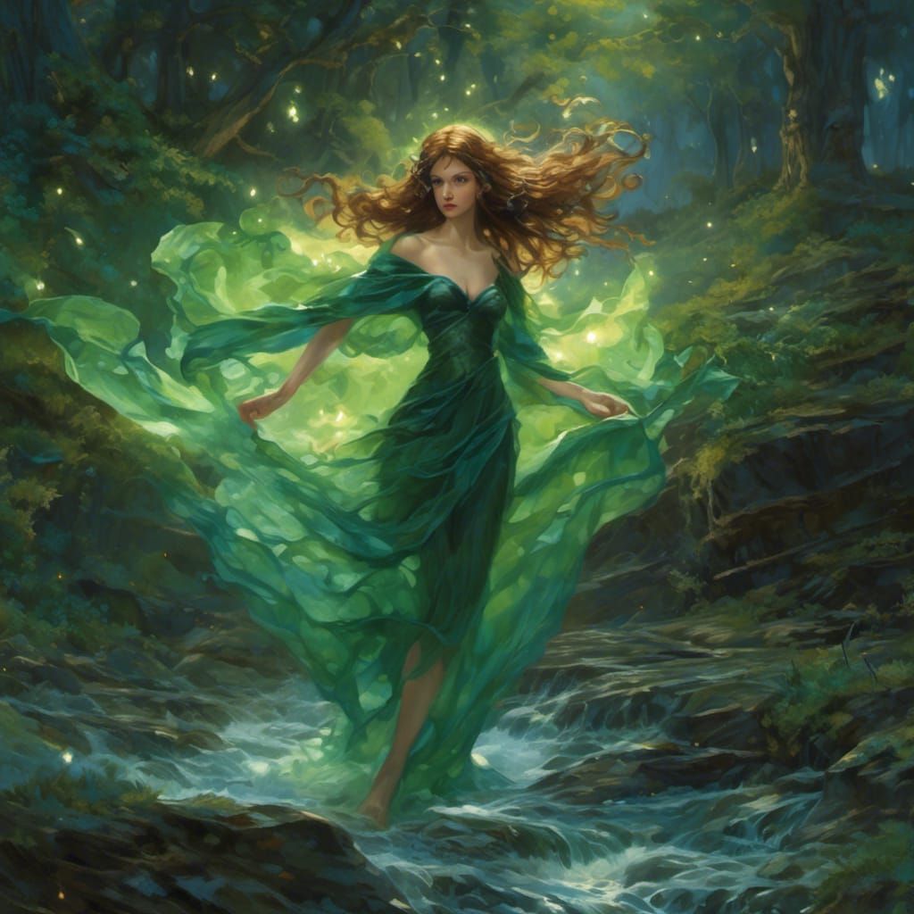 Hyperreal Witch Flying Over Forest Stream