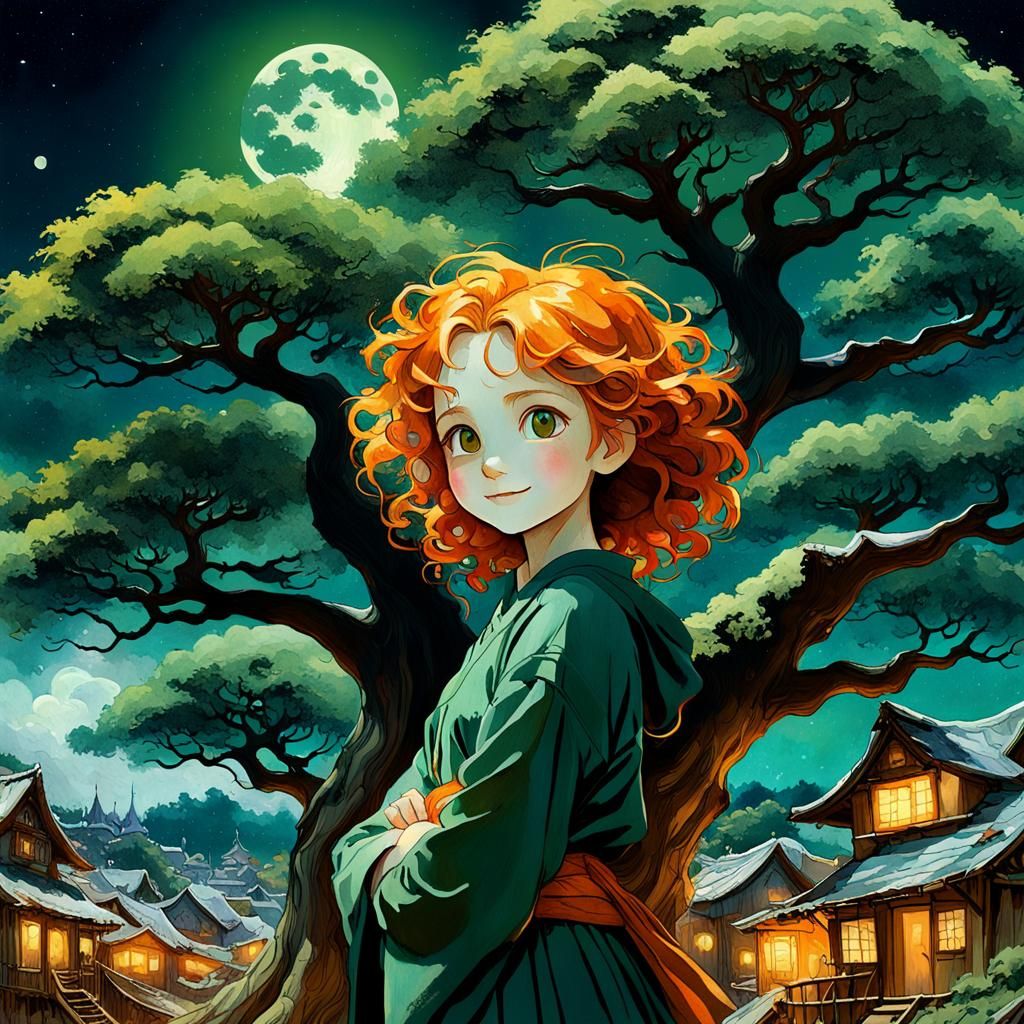 Tree Village with Woman, Watercolor Art