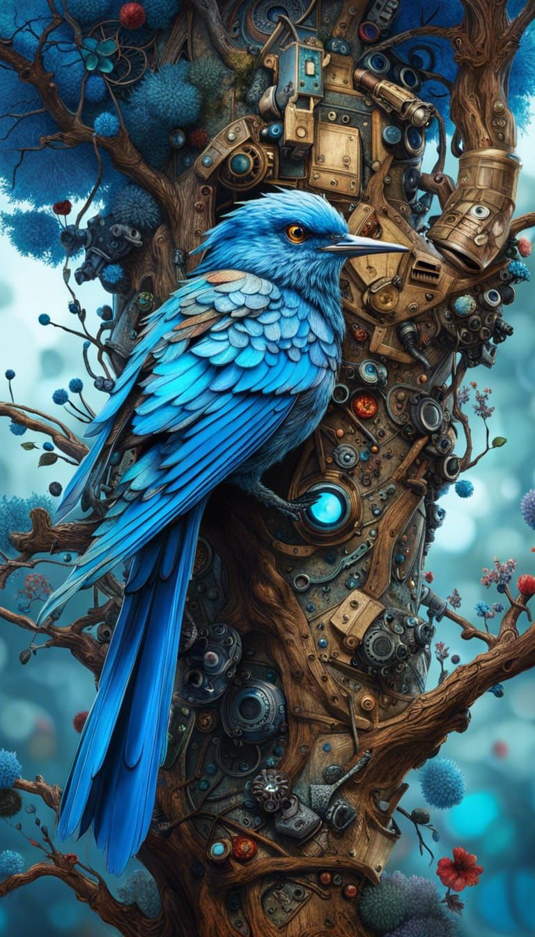 Bluebird Robot Portrait: Detailed Digital Art