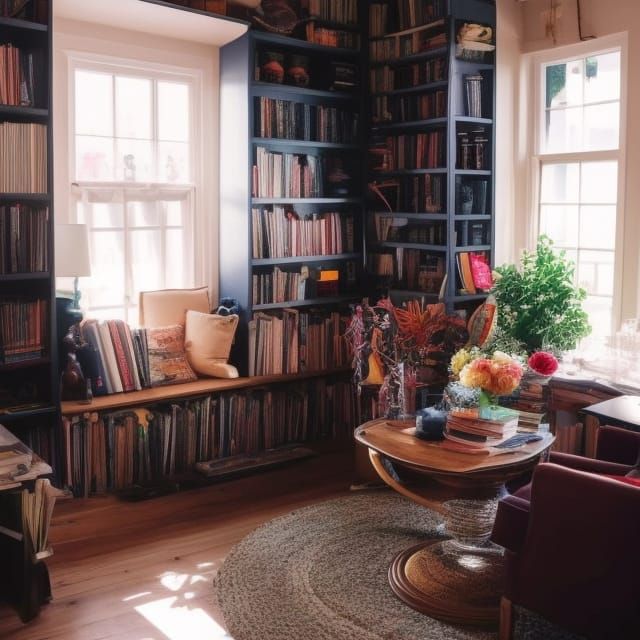Cozy Fantasy Reading Nook Overflowing with Books
