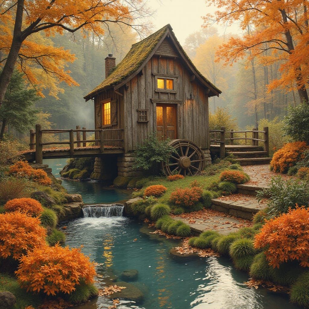 Whimsical Watermill Amidst Vibrant Fall Garden