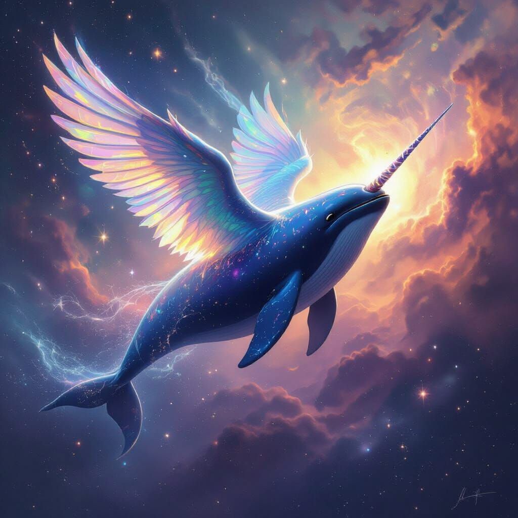 Majestic Winged Narwhal Soars Through Cosmic Nebula