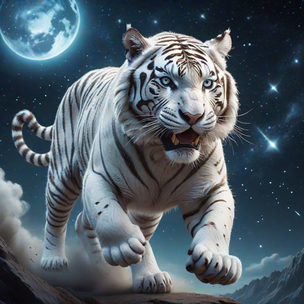 Epic White Tiger Soars Through Starry Night Sky in Cinematic...