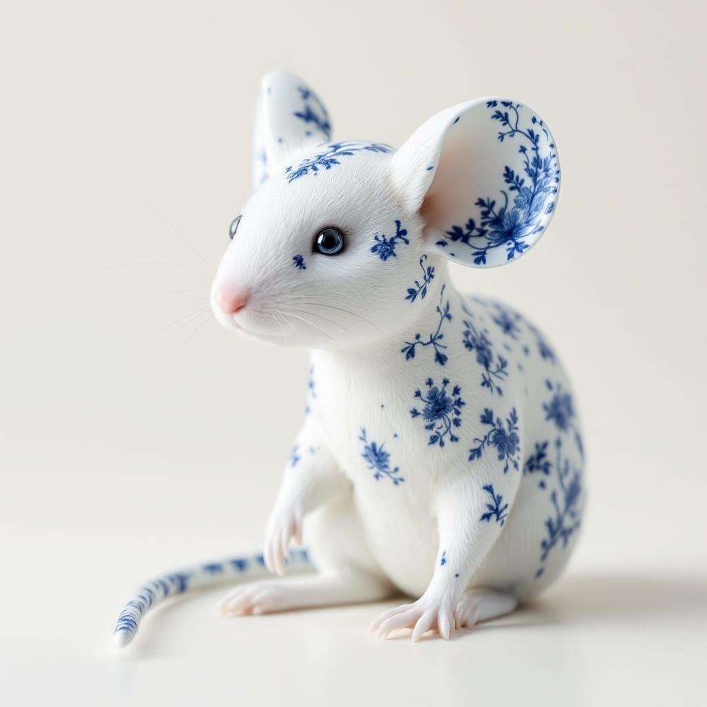 Whimsical Porcelain Mouse with Indigo Patterns