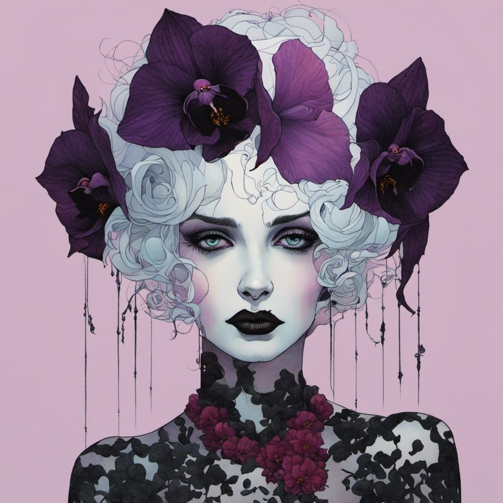 Mourning Faerie with Orchids and Dahlias