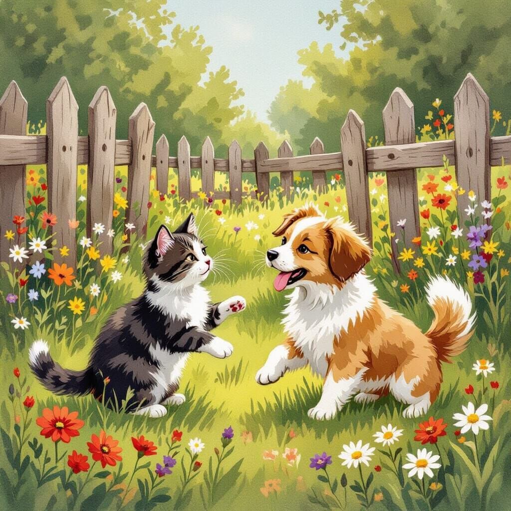Cats and Dogs Playing in Rustic Garden