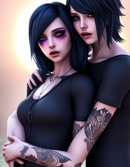 Pastel Goth Lesbian Couple Hug in 3D