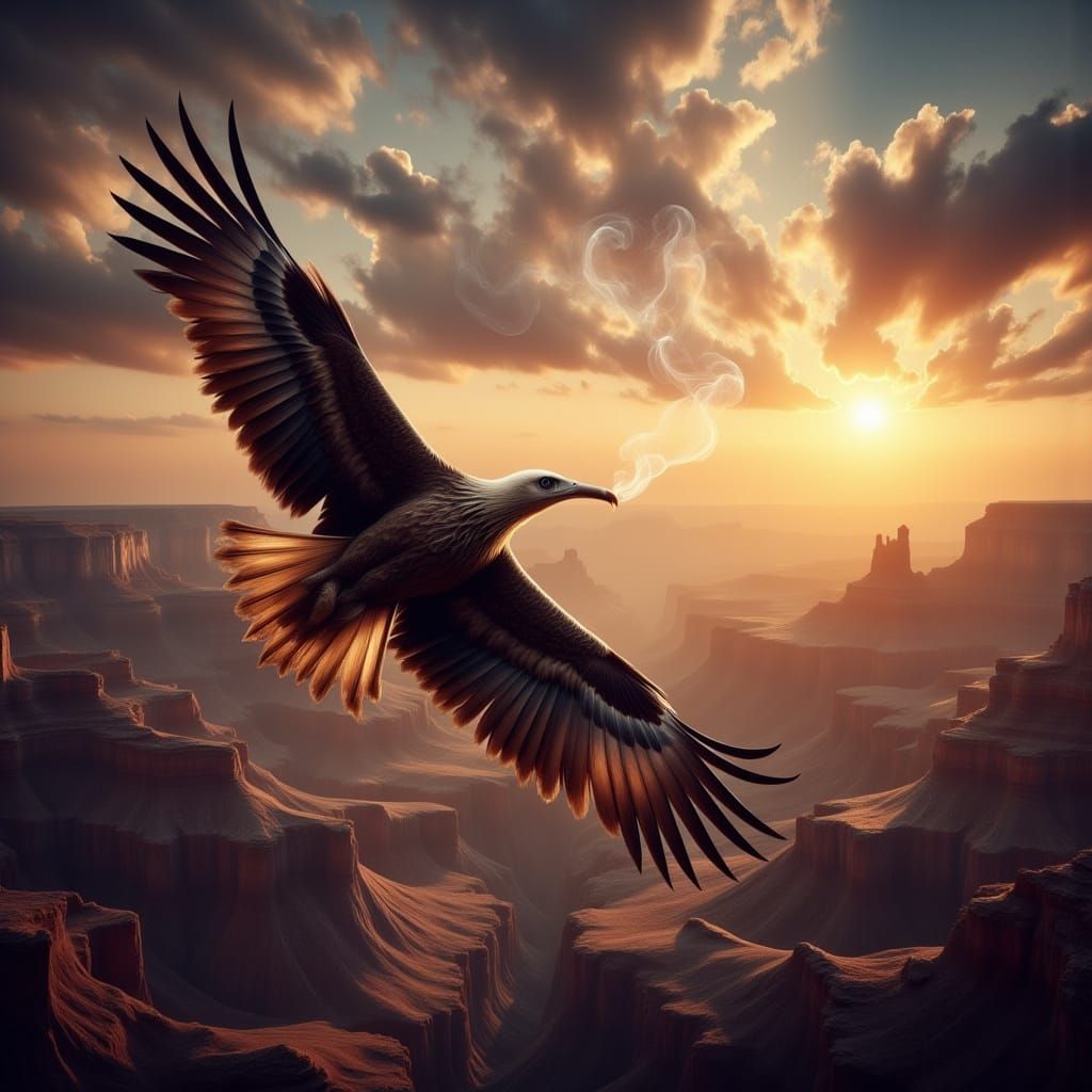 Majestic Eagle Smoking Cigar Over Grand Canyon