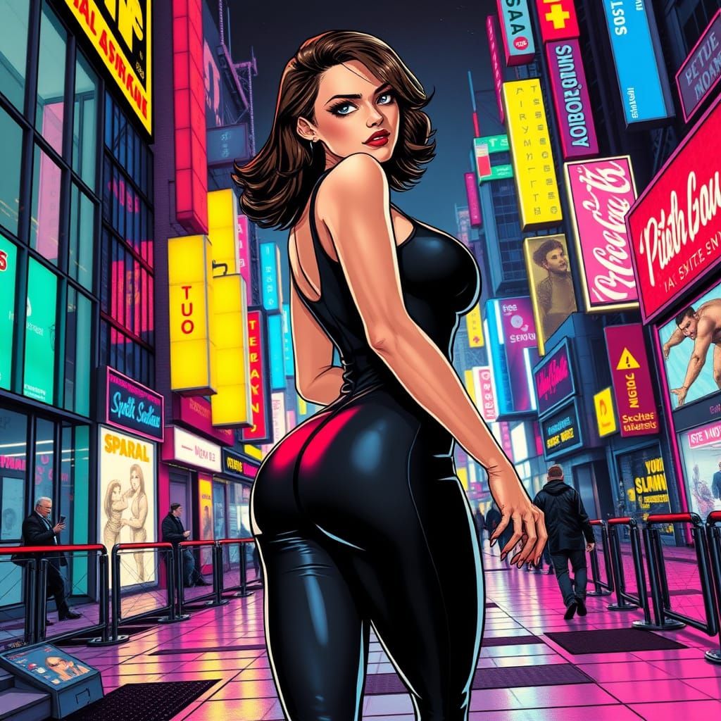 Sultry Femme Fatale in Cyberpunk Cityscape