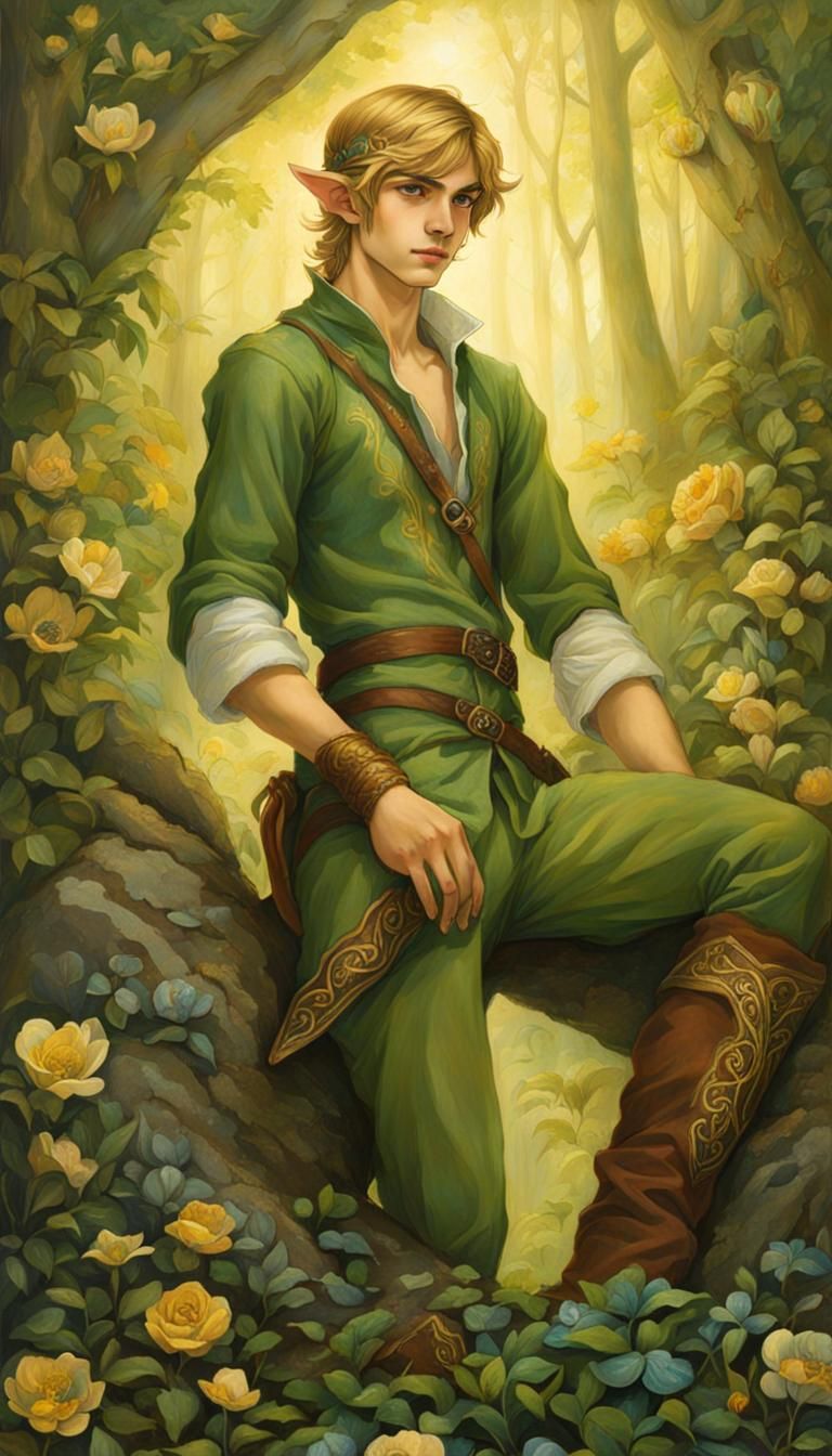 Handsome Gay Elf Twink in Full-Body Painting Style of Rebecc...