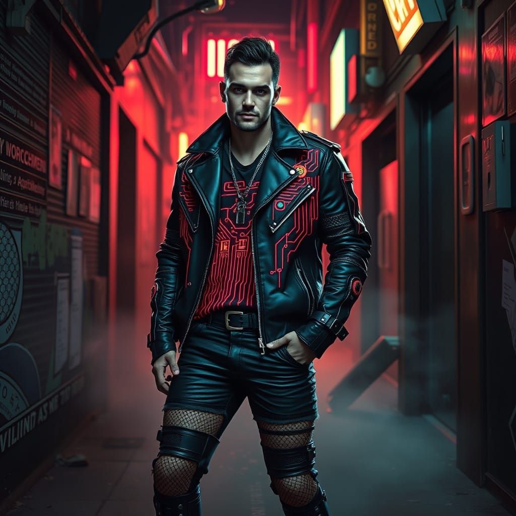 Cybergoth Figure in Neon-Lit Alleyway