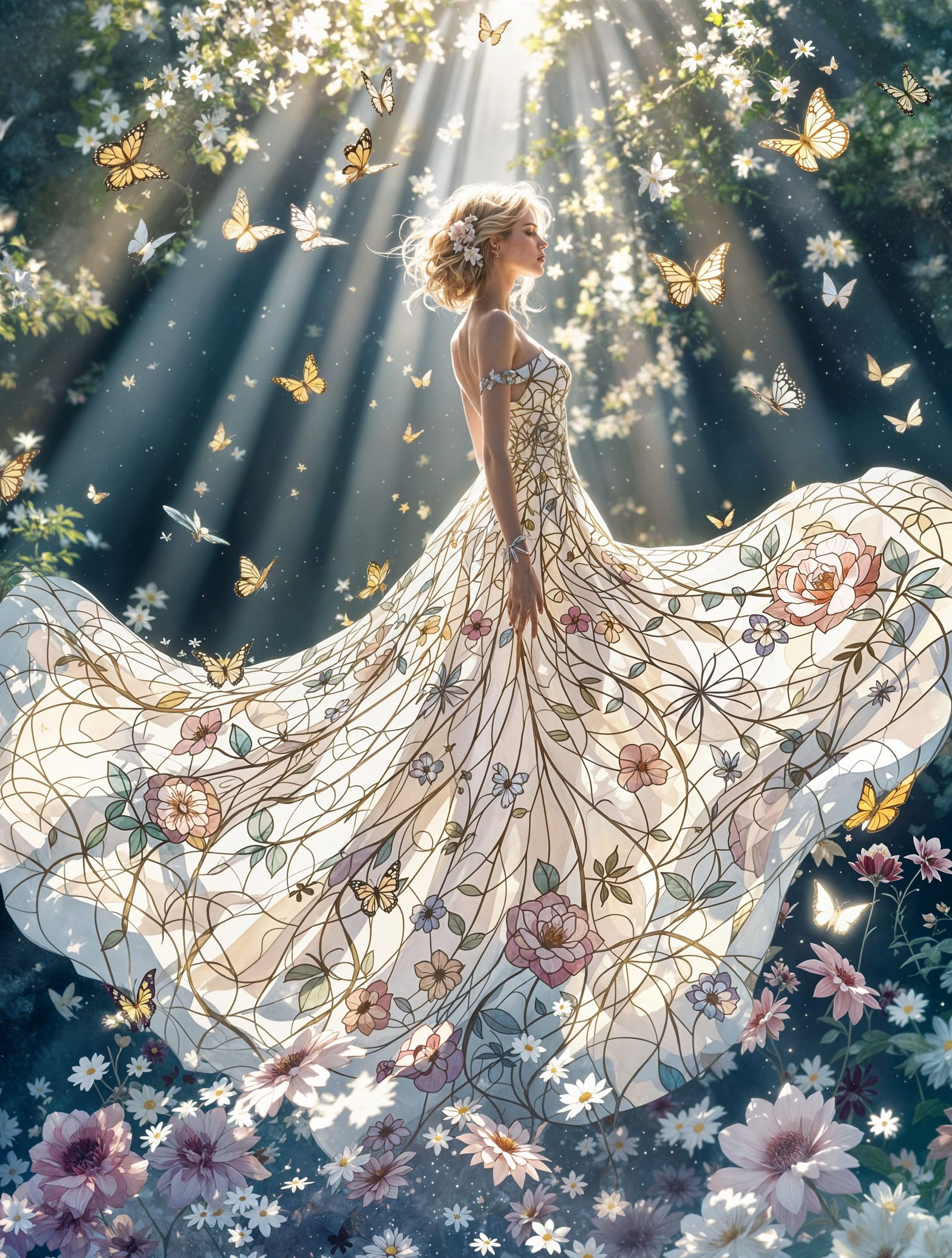 Whimsical Floral Stained Glass Illustration in Watercolor St...