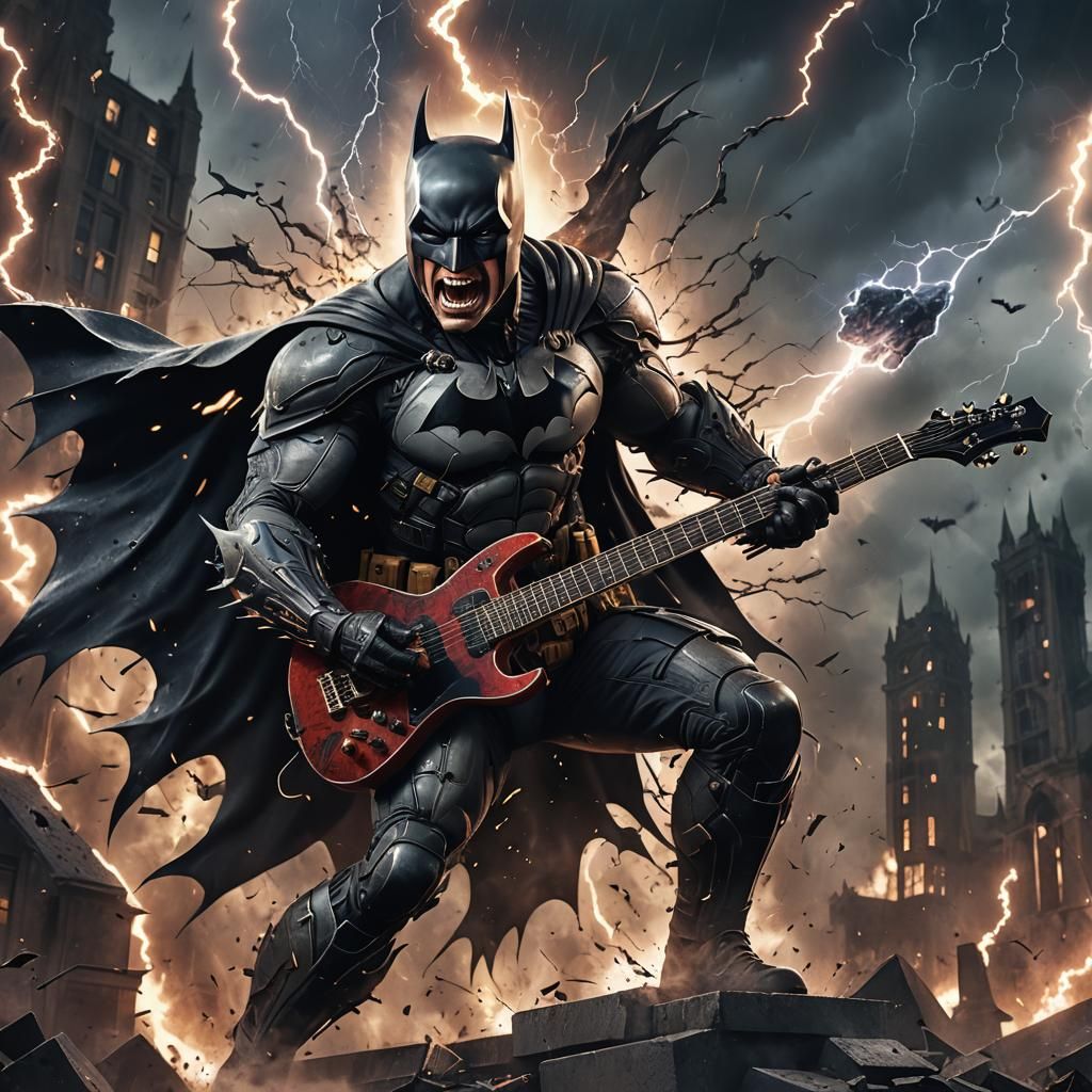Batman screaming and playing the electric guitar, smoke and ...
