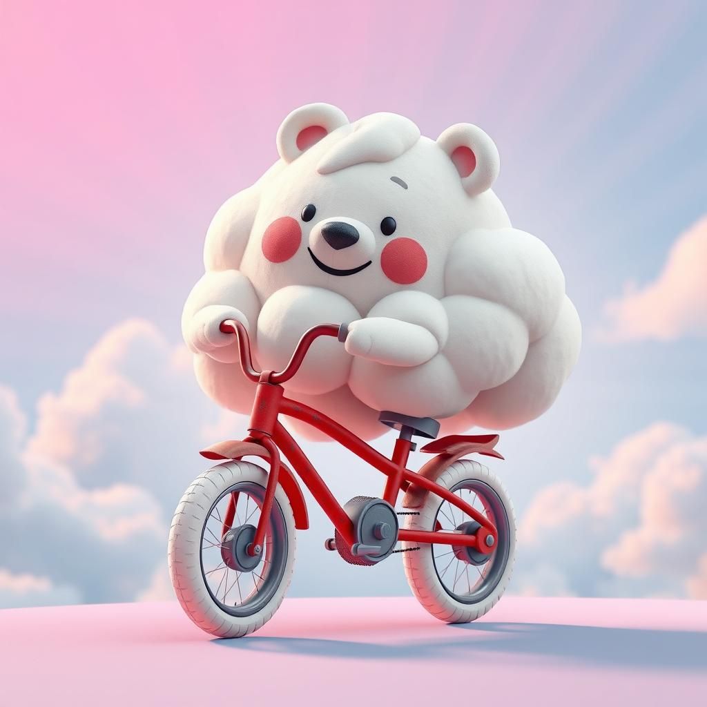 Whimsical Bear Cloud Rides Bike in Gradient Sky