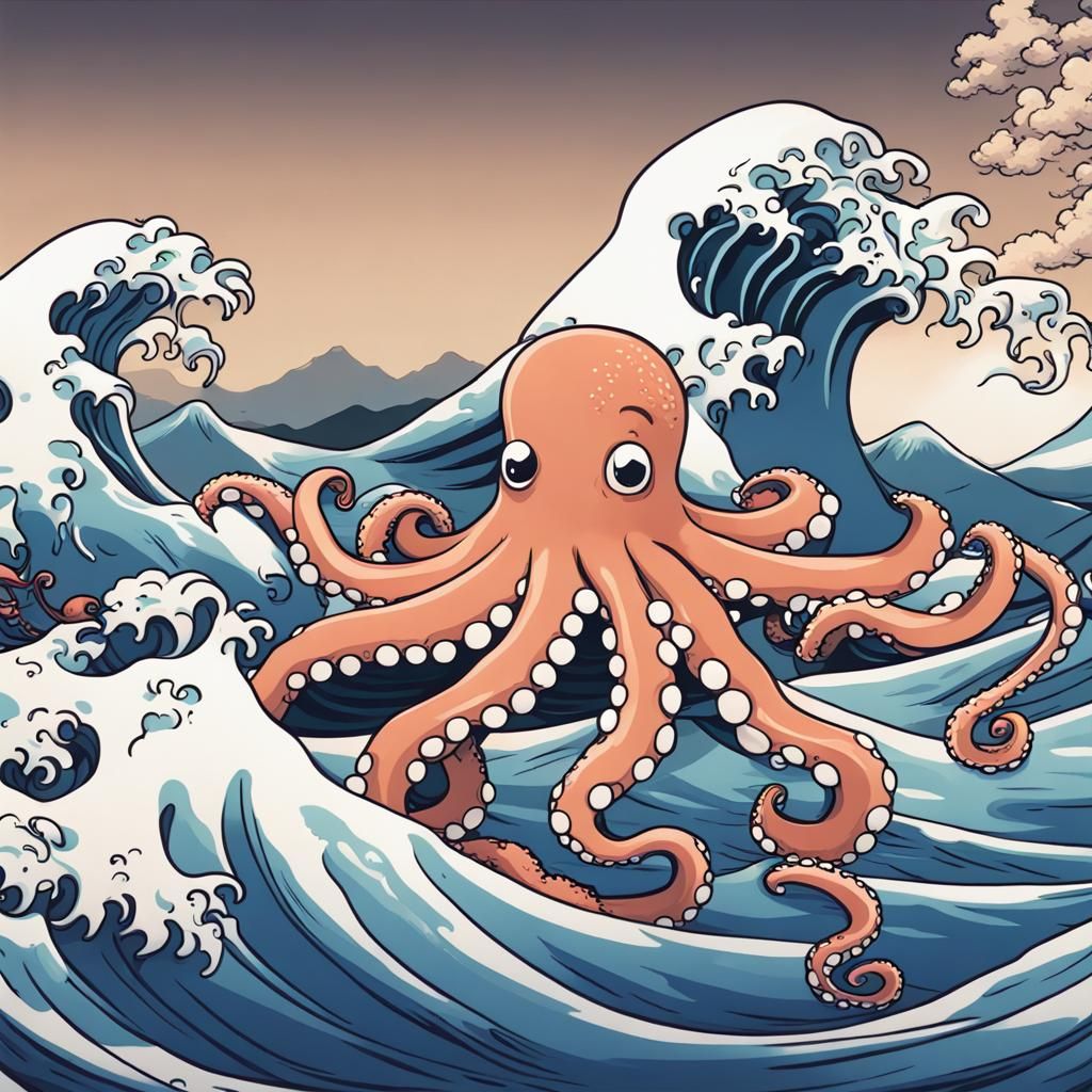 Cartoon Octopus Inspired by The Great Wave